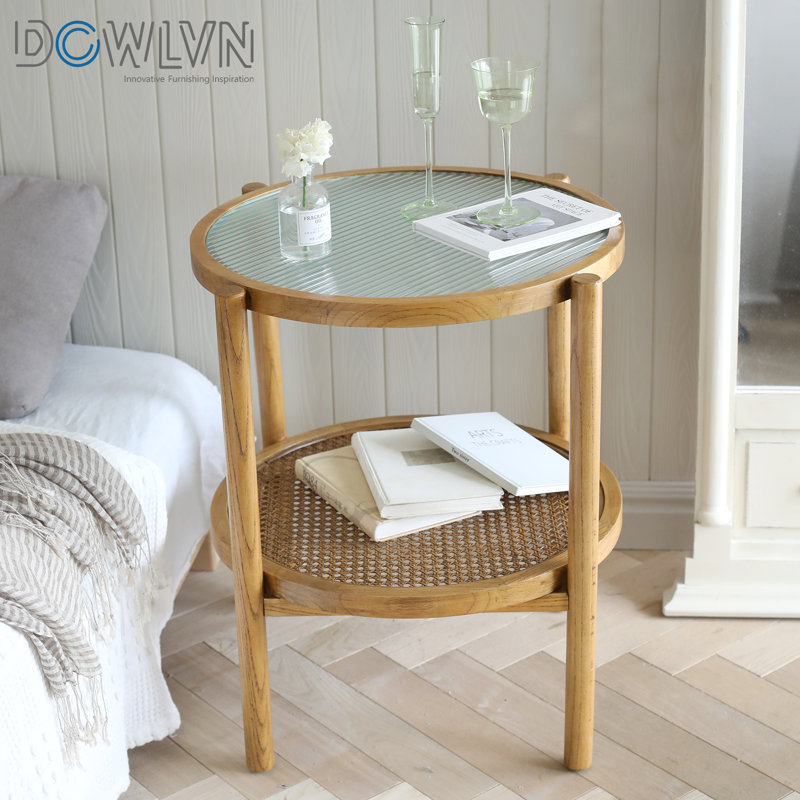 Wooden side outlets table in boho style